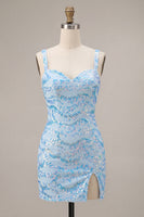Load image into Gallery viewer, Sparkly Sky Blue Sequin Tight Short Cocktail Dress with Slit