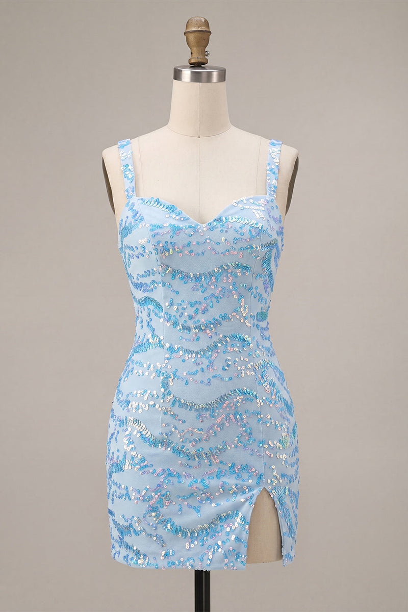 Load image into Gallery viewer, Sparkly Sky Blue Sequin Tight Short Cocktail Dress with Slit