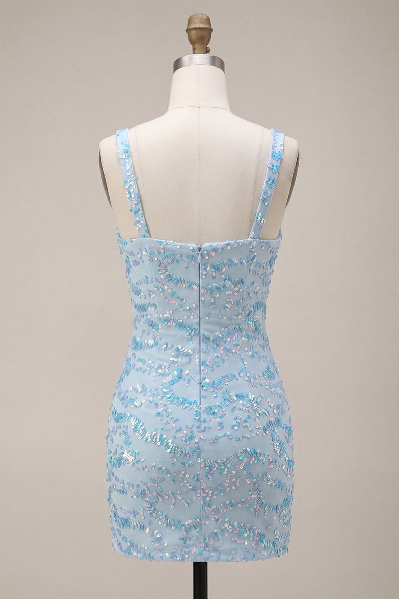 Load image into Gallery viewer, Sparkly Sky Blue Sequin Tight Short Cocktail Dress with Slit