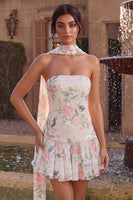 Load image into Gallery viewer, White Pink Flower Sequin A-Line Short Cocktail Dress with Neck Scarf