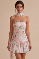 Load image into Gallery viewer, White Pink Flower Sequin A-Line Short Cocktail Dress with Neck Scarf
