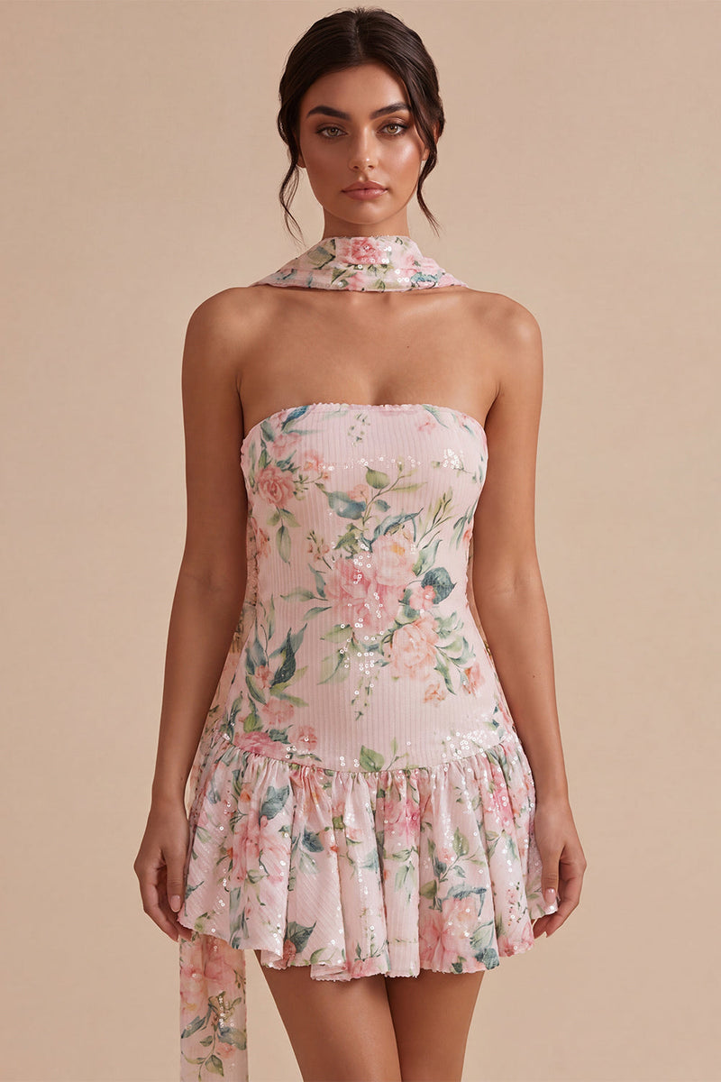 Load image into Gallery viewer, White Pink Flower Sequin A-Line Short Cocktail Dress with Neck Scarf