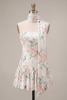 Load image into Gallery viewer, White Pink Flower Sequin A-Line Short Cocktail Dress with Neck Scarf
