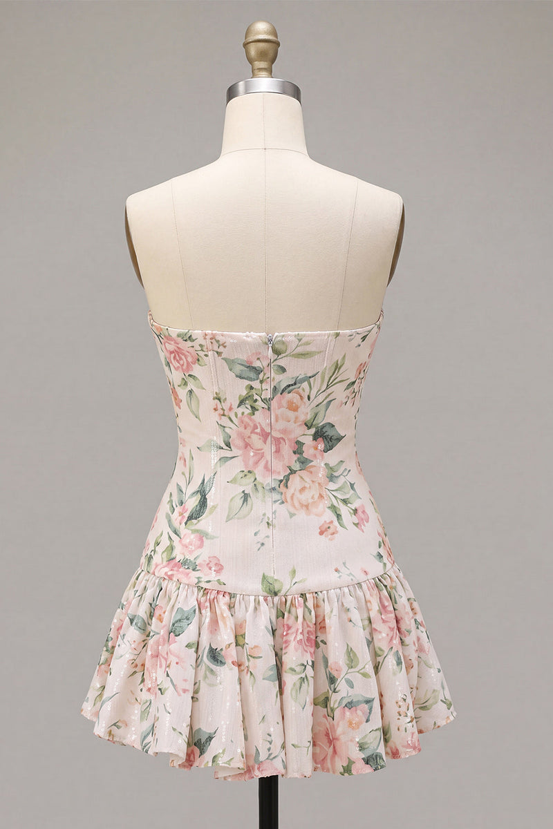 Load image into Gallery viewer, White Pink Flower Sequin A-Line Short Cocktail Dress with Neck Scarf