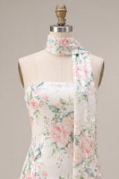 Load image into Gallery viewer, White Pink Flower Sequin A-Line Short Cocktail Dress with Neck Scarf