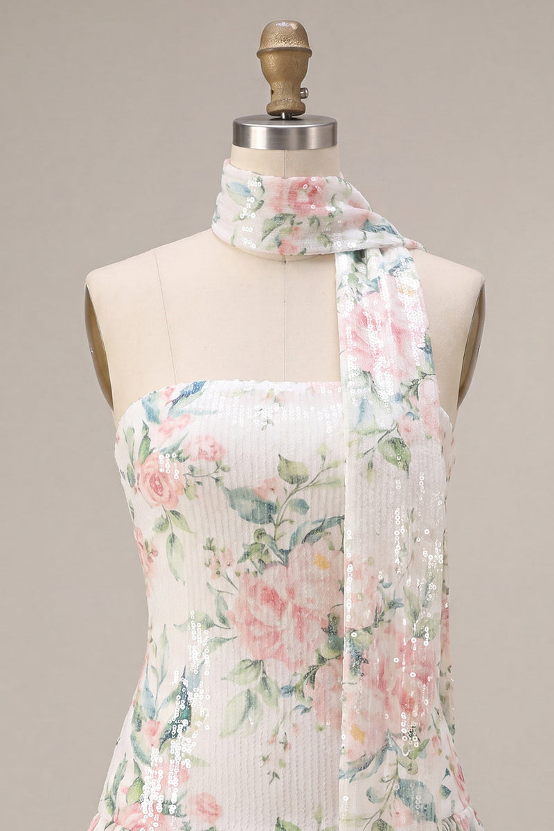 Load image into Gallery viewer, White Pink Flower Sequin A-Line Short Cocktail Dress with Neck Scarf