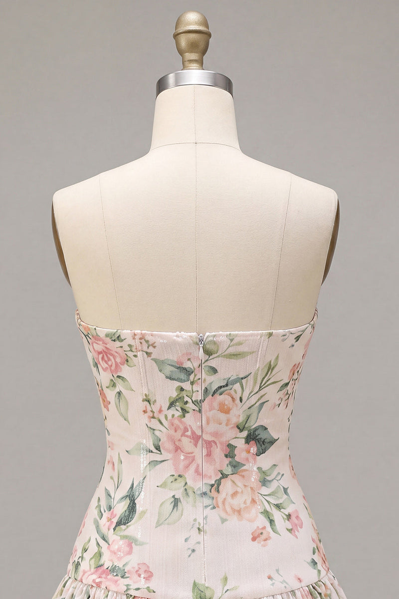 Load image into Gallery viewer, White Pink Flower Sequin A-Line Short Cocktail Dress with Neck Scarf