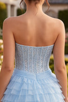 Load image into Gallery viewer, Sparkly Sky Blue Corset Sequin Tiered Ruffled Short Cocktail Dress