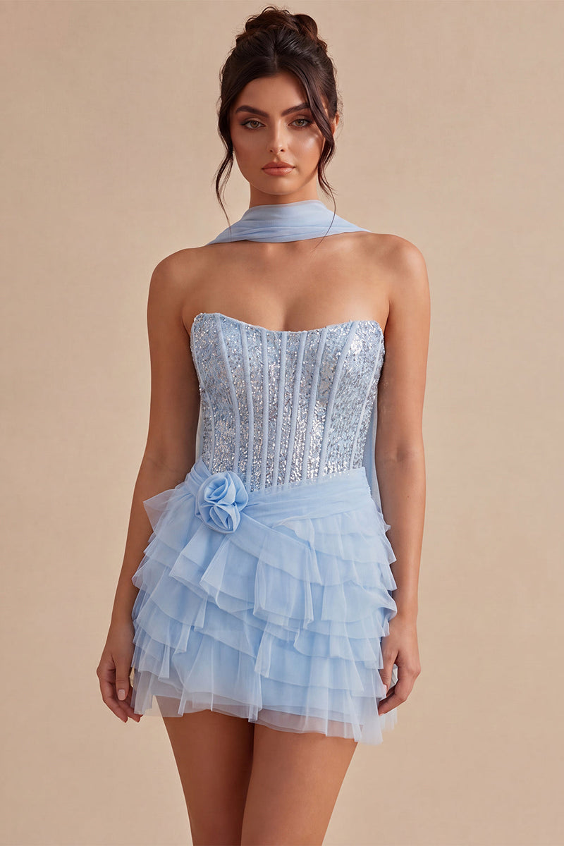 Load image into Gallery viewer, Sparkly Sky Blue Corset Sequin Tiered Ruffled Short Cocktail Dress