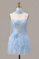 Load image into Gallery viewer, Sparkly Sky Blue Corset Sequin Tiered Ruffled Short Cocktail Dress