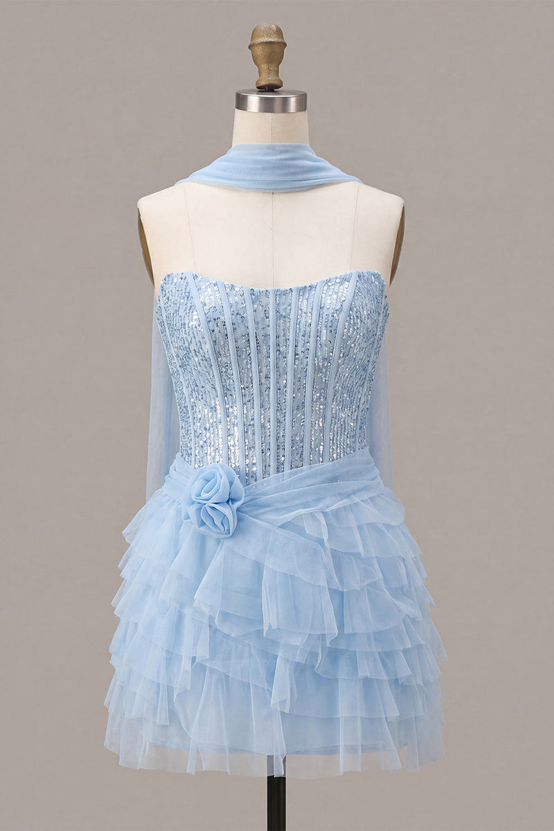 Load image into Gallery viewer, Sparkly Sky Blue Corset Sequin Tiered Ruffled Short Cocktail Dress