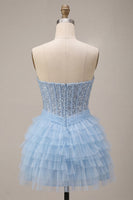 Load image into Gallery viewer, Sparkly Sky Blue Corset Sequin Tiered Ruffled Short Cocktail Dress