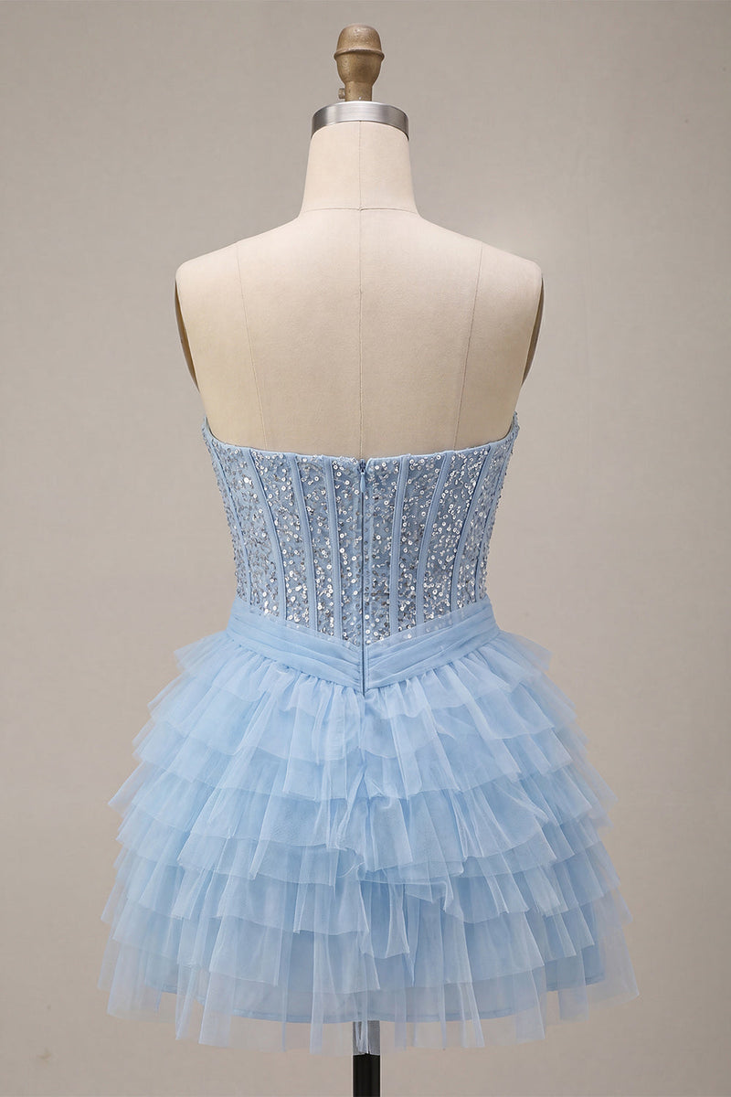 Load image into Gallery viewer, Sparkly Sky Blue Corset Sequin Tiered Ruffled Short Cocktail Dress