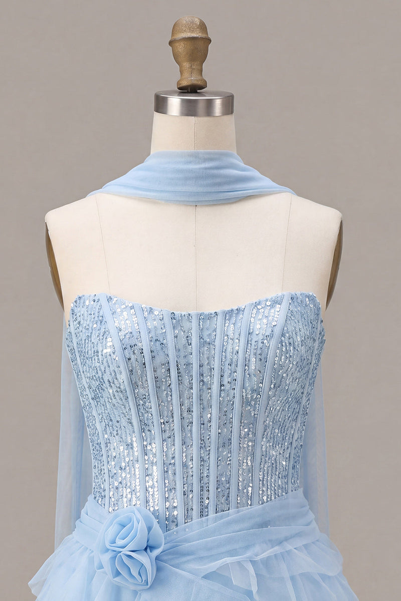 Load image into Gallery viewer, Sparkly Sky Blue Corset Sequin Tiered Ruffled Short Cocktail Dress