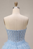 Load image into Gallery viewer, Sparkly Sky Blue Corset Sequin Tiered Ruffled Short Cocktail Dress