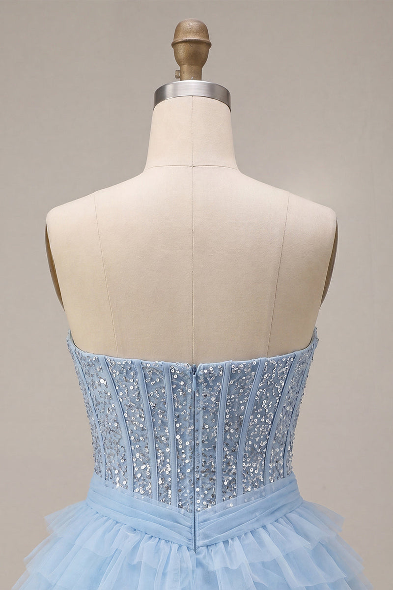 Load image into Gallery viewer, Sparkly Sky Blue Corset Sequin Tiered Ruffled Short Cocktail Dress
