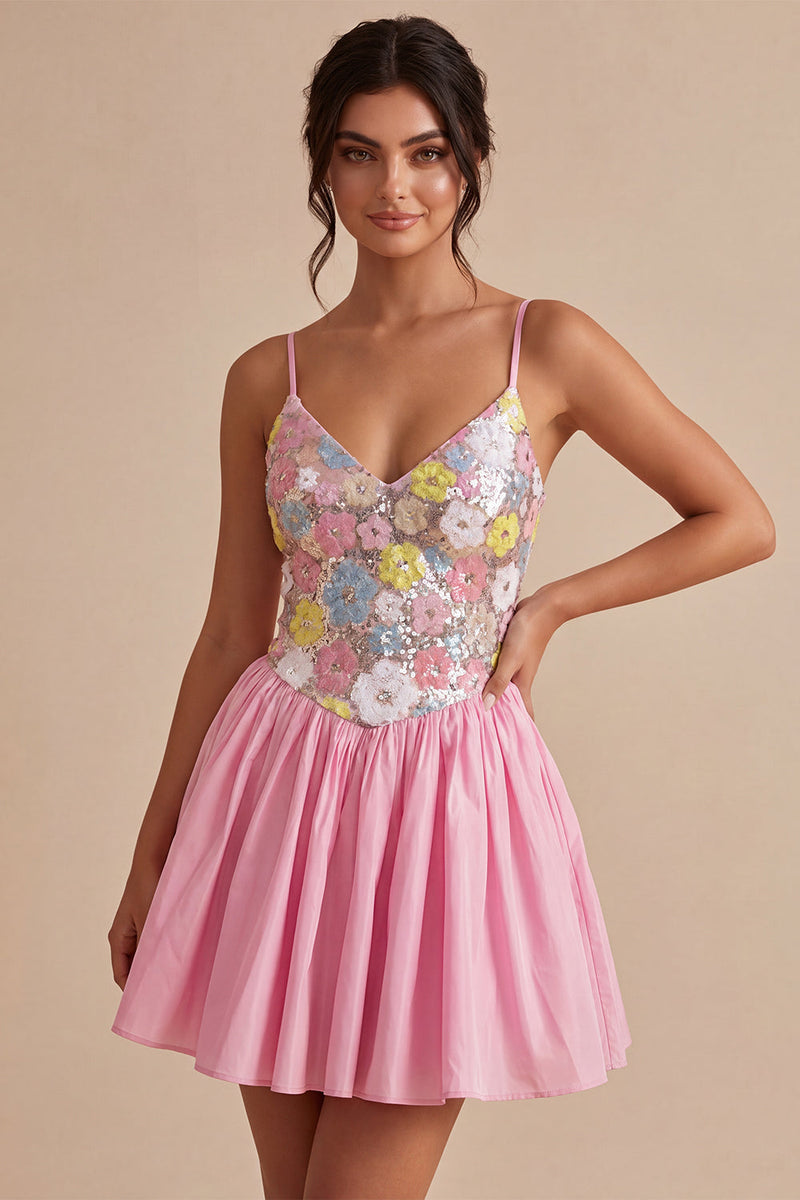 Load image into Gallery viewer, Sparkly Floral Pink Sequin A-Line Short Cocktail Dress