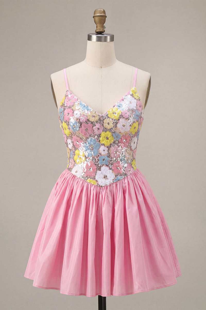 Load image into Gallery viewer, Sparkly Floral Pink Sequin A-Line Short Cocktail Dress