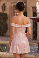 Load image into Gallery viewer, Sparkly Pink Sequin A-Line Off The Shoulder Short Cocktail Dress