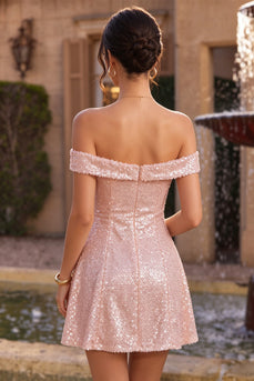 Sparkly Pink Sequin A-Line Off The Shoulder Short Cocktail Dress