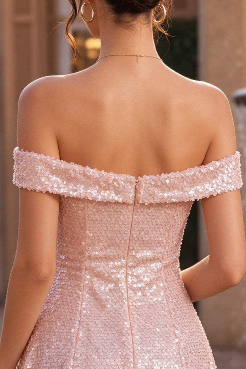 Load image into Gallery viewer, Sparkly Pink Sequin A-Line Off The Shoulder Short Cocktail Dress