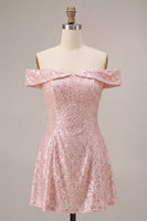 Load image into Gallery viewer, Sparkly Pink Sequin A-Line Off The Shoulder Short Cocktail Dress
