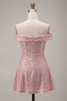 Load image into Gallery viewer, Sparkly Pink Sequin A-Line Off The Shoulder Short Cocktail Dress