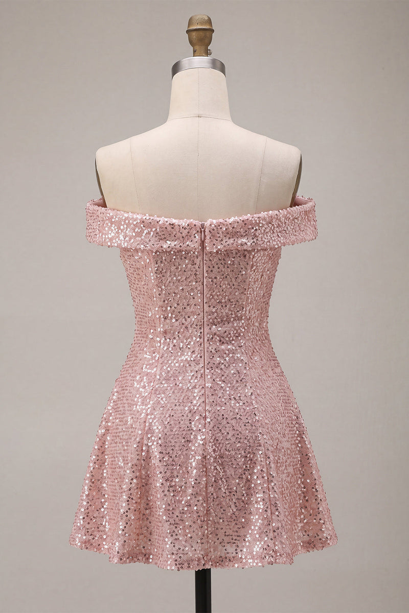 Load image into Gallery viewer, Sparkly Pink Sequin A-Line Off The Shoulder Short Cocktail Dress