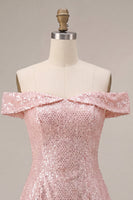 Load image into Gallery viewer, Sparkly Pink Sequin A-Line Off The Shoulder Short Cocktail Dress