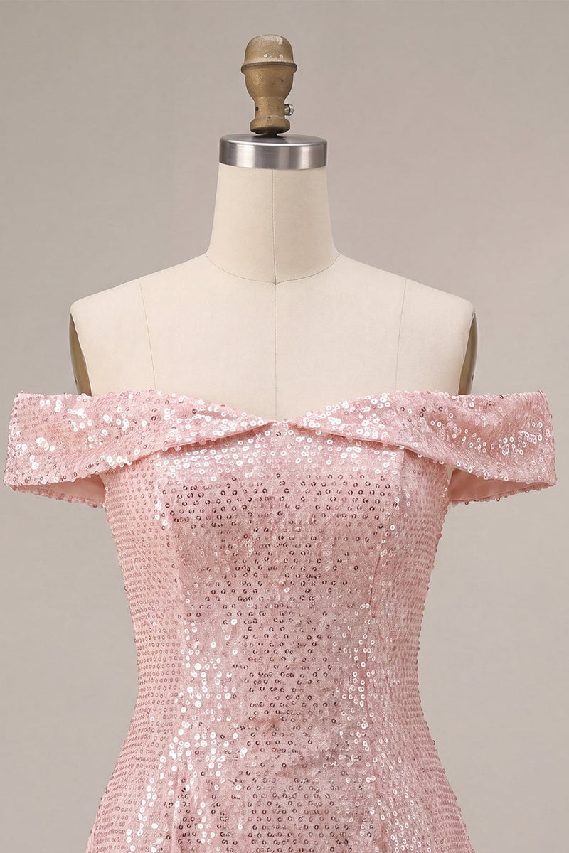 Load image into Gallery viewer, Sparkly Pink Sequin A-Line Off The Shoulder Short Cocktail Dress