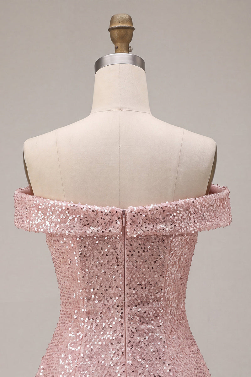Load image into Gallery viewer, Sparkly Pink Sequin A-Line Off The Shoulder Short Cocktail Dress