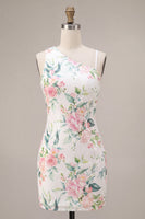 Load image into Gallery viewer, White Pink Flower Sequin Asymmetrical Neck Tight Short Cocktail Dress