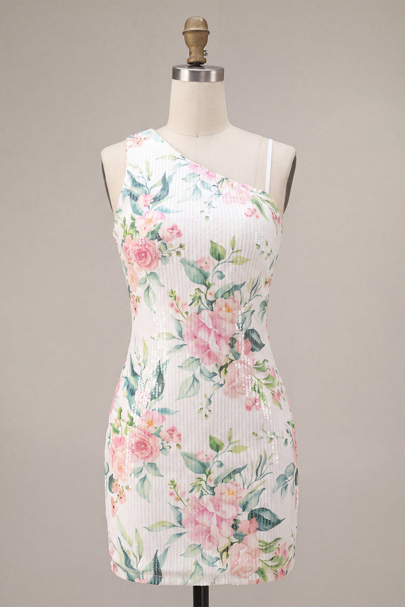 Load image into Gallery viewer, White Pink Flower Sequin Asymmetrical Neck Tight Short Cocktail Dress