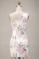Load image into Gallery viewer, White Pink Flower Sequin Asymmetrical Neck Tight Short Cocktail Dress
