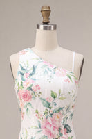 Load image into Gallery viewer, White Pink Flower Sequin Asymmetrical Neck Tight Short Cocktail Dress