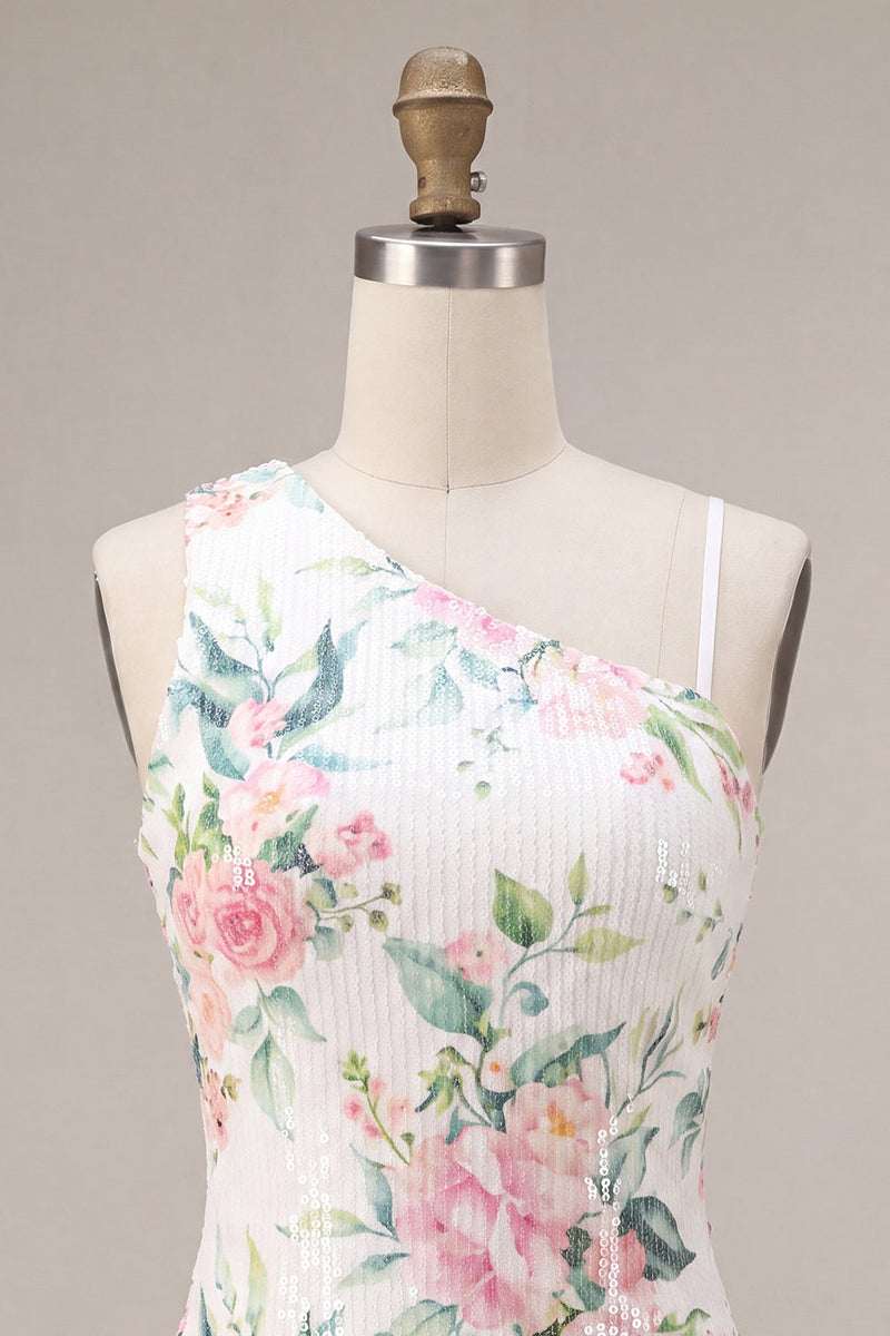 Load image into Gallery viewer, White Pink Flower Sequin Asymmetrical Neck Tight Short Cocktail Dress
