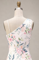 Load image into Gallery viewer, White Pink Flower Sequin Asymmetrical Neck Tight Short Cocktail Dress