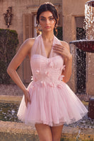 Load image into Gallery viewer, Pink Tulle Halter A-Line Short Cocktail Dress with 3D Flowers