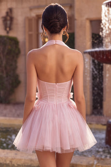 Pink Tulle Halter A-Line Short Cocktail Dress with 3D Flowers