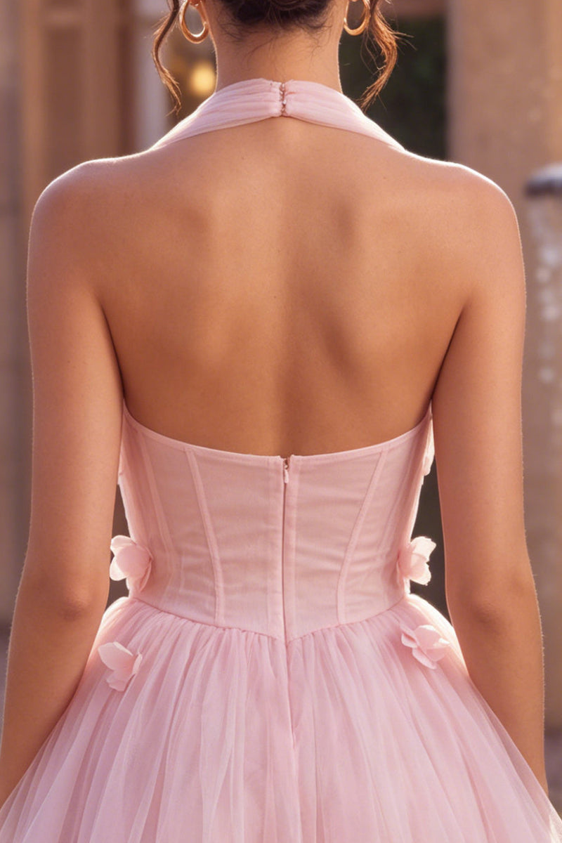 Load image into Gallery viewer, Pink Tulle Halter A-Line Short Cocktail Dress with 3D Flowers