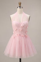 Load image into Gallery viewer, Pink Tulle Halter A-Line Short Cocktail Dress with 3D Flowers