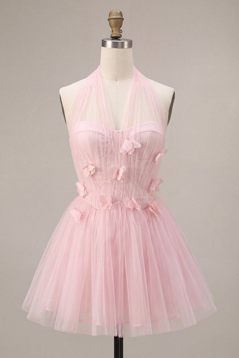 Load image into Gallery viewer, Pink Tulle Halter A-Line Short Cocktail Dress with 3D Flowers