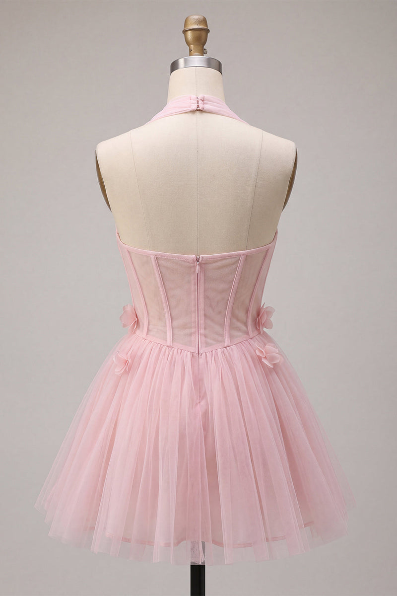 Load image into Gallery viewer, Pink Tulle Halter A-Line Short Cocktail Dress with 3D Flowers