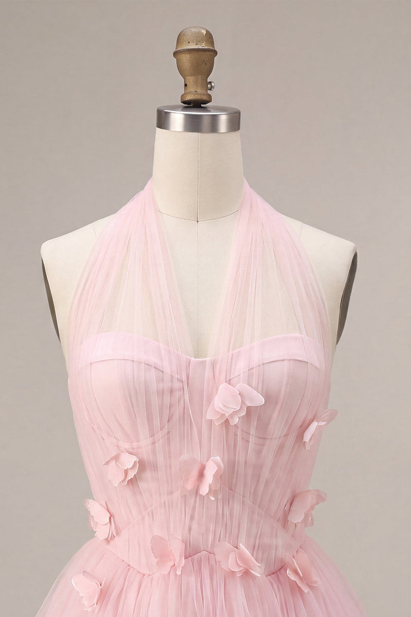 Load image into Gallery viewer, Pink Tulle Halter A-Line Short Cocktail Dress with 3D Flowers