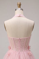 Load image into Gallery viewer, Pink Tulle Halter A-Line Short Cocktail Dress with 3D Flowers
