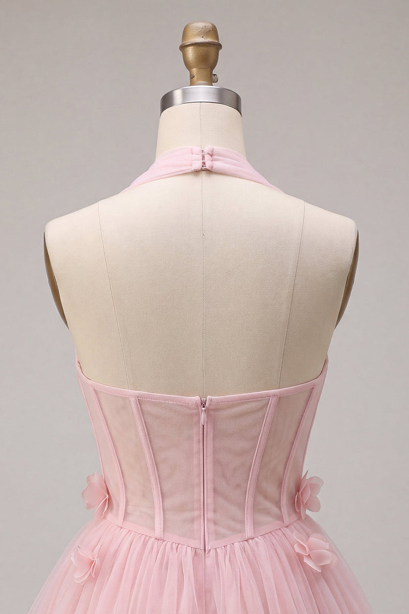 Load image into Gallery viewer, Pink Tulle Halter A-Line Short Cocktail Dress with 3D Flowers