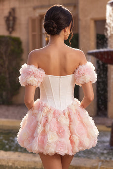 White and Pink Corset A-Line Short Cocktail Dress with 3D Flowers