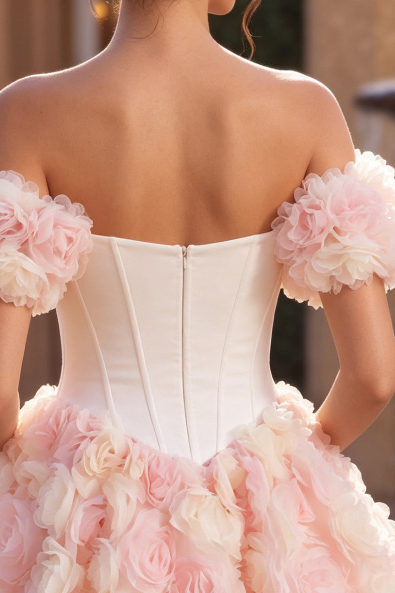 Load image into Gallery viewer, White and Pink Corset A-Line Short Cocktail Dress with 3D Flowers