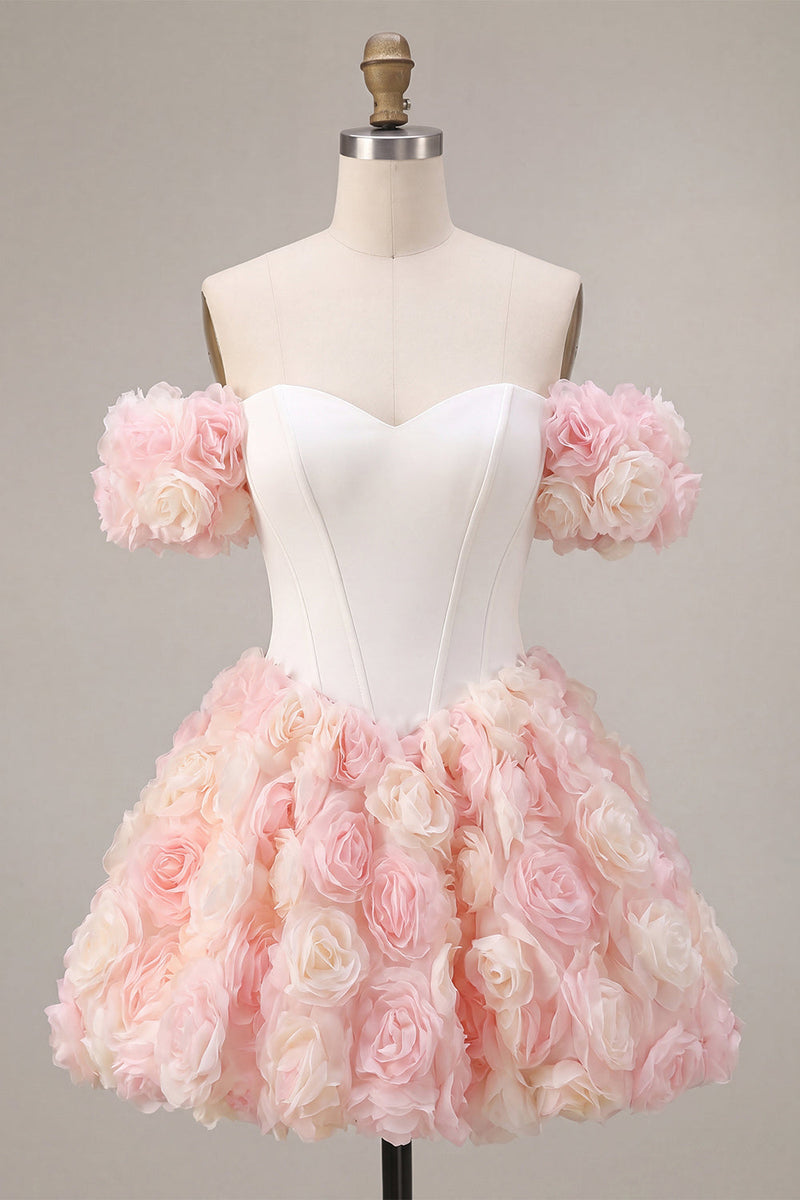 Load image into Gallery viewer, White and Pink Corset A-Line Short Cocktail Dress with 3D Flowers