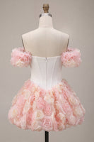 Load image into Gallery viewer, White and Pink Corset A-Line Short Cocktail Dress with 3D Flowers